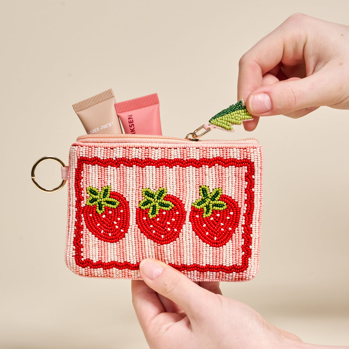 Strawberries Handcrafted Beaded Pouch