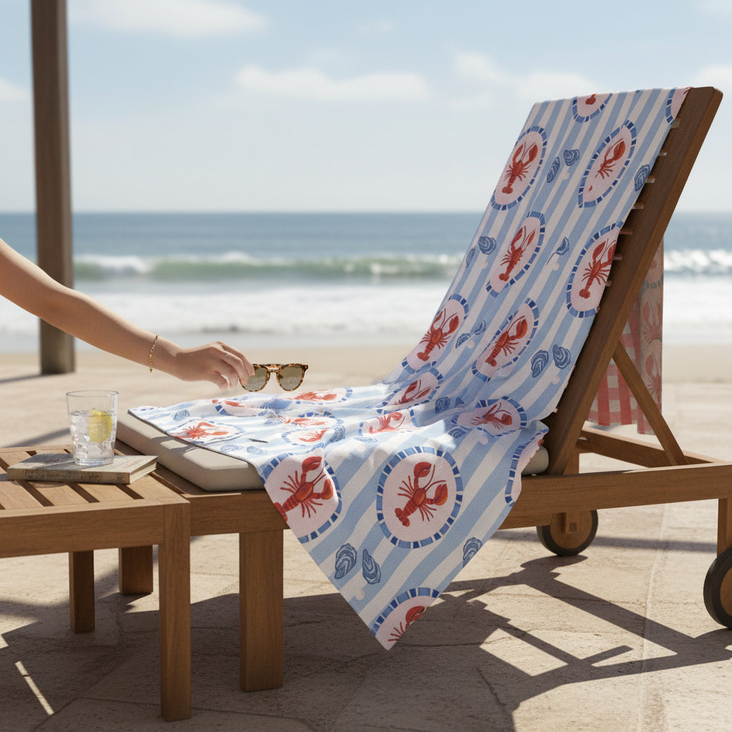 The Darling Effect's Harbor House XL Quick-Dry Beach Towel, featuring a lobster and stripe pattern, is spread over a lounge chair on a sunny beach as a hand reaches for sunglasses beside a glass of water.