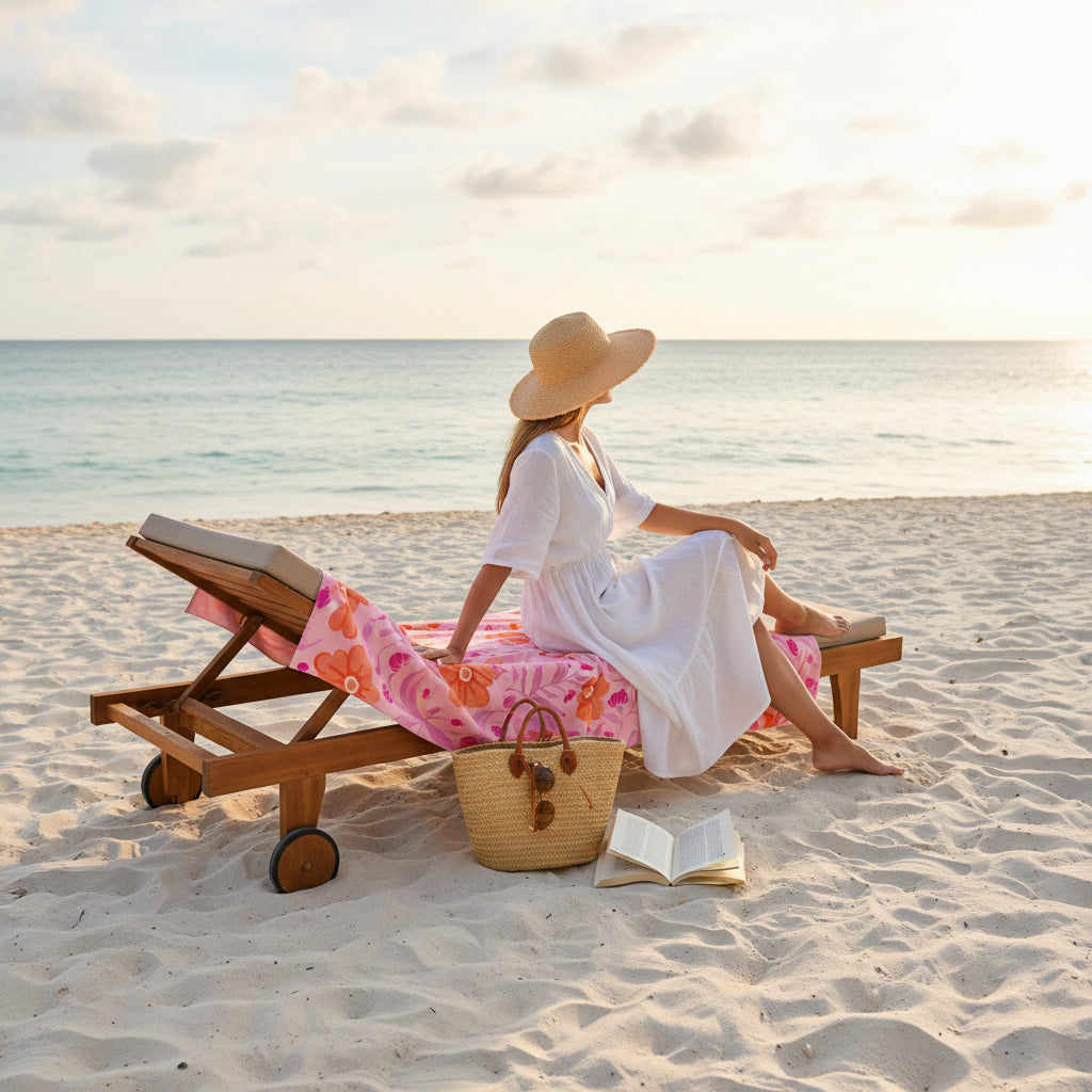 A woman in a white dress and straw hat sits on a lounge chair with The Darling Effect’s Poppin' Petals Hot Pink XL Quick-Dry Beach Towel, facing the ocean as the sun sets. A straw bag and open book lie on the sand beside her.