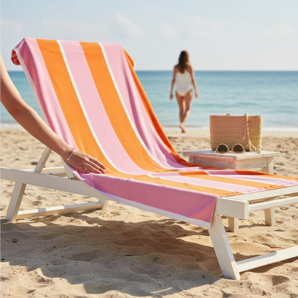 A person rests a hand on a white lounge chair draped with The Darling Effect Sicily Stripes Pink XL Quick-Dry Beach Towel on the sand, while another walks toward the ocean. Nearby, a straw bag and sunglasses sit atop a small table.