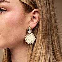Close-up of a woman's ear wearing The Darling Effect's White Radiant Gem Earrings—lightweight boho teardrop gems with starburst-shaped dangles and beaded accents—perfect for everyday style.