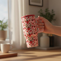 A hand holds The Darling Effect's Strawberry Fields 20 oz Lifestyle Flip Straw Tumbler, featuring a pink and red strawberry design, in a cozy, softly lit room with plants and décor blurred in the background.