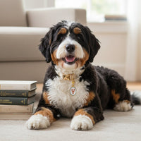 A Bernese Mountain Dog puppy lies on a rug beside books, sporting The Darling Effect's Lobster Pawfect Collar Charm—a perfect example of stylish pet accessories.
