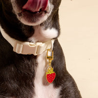 A close-up of a black and white dog wearing The Darling Effect's Strawberry Pawfect Collar Charm, its tongue out and only the lower part of its face visible, showing off playful style with this trendy strawberry-shaped pet accessory.
