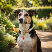 A tricolor dog with black, tan, and white fur sits in a sunny garden, wearing a gold collar adorned with The Darling Effect's Strawberry Pawfect Collar Charm. Colorful flowers and green foliage blur in the background.