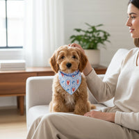 A woman on a light sofa pets a fluffy brown puppy wearing The Darling Effect's Bow-Wow Pet Bandana-Harbor House, a stylish cotton dog accessory with red designs. A plant and stacked books sit on the wooden table in the background.