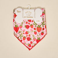 The Darling Effect’s Bow-Wow Pet Bandana-Strawberry Fields is a pink cotton bandana with red strawberries, packaged with a white hanger and gold-lettered L/XL label—a charming accessory to add flair to your dog's style.