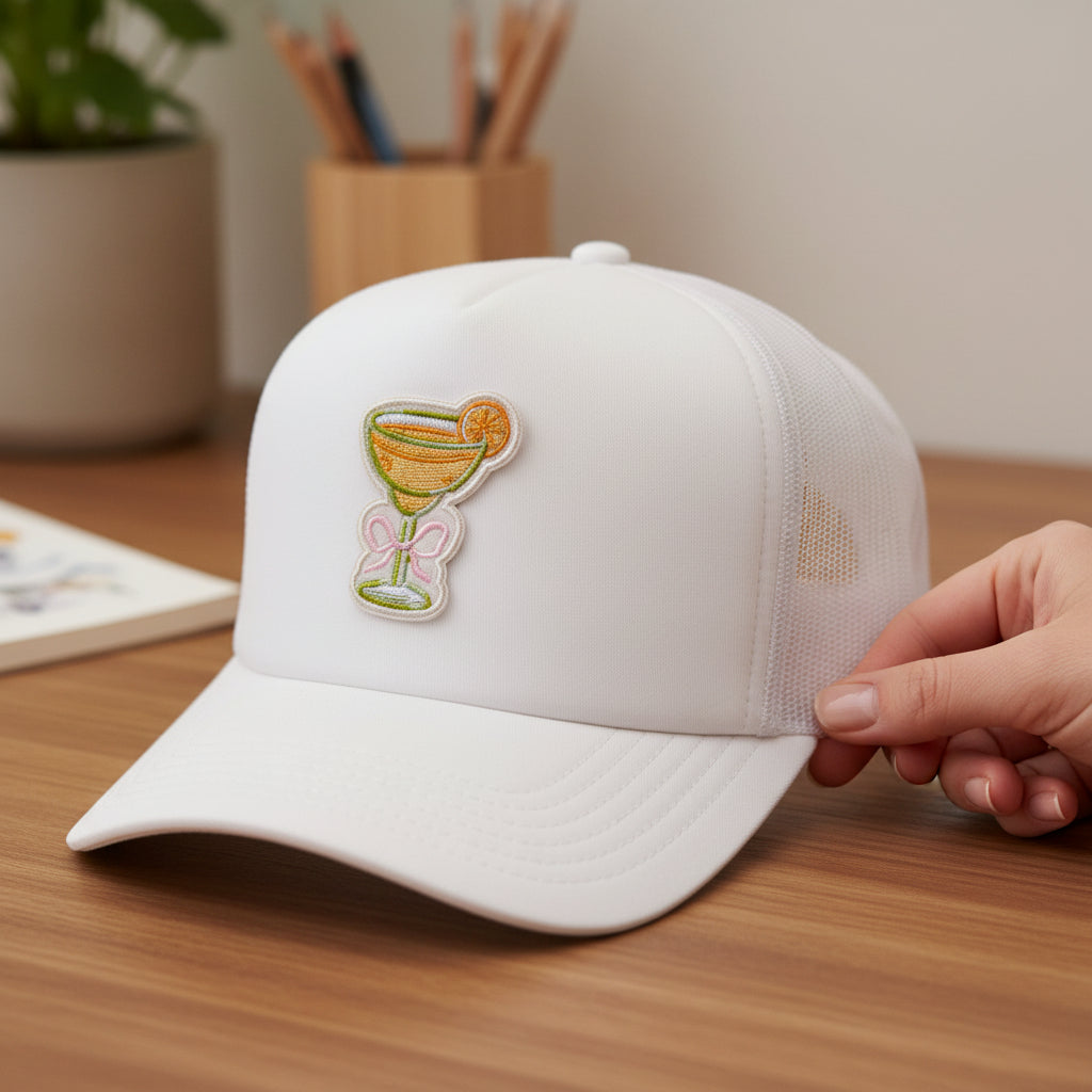 A hand displays The Darling Effect's Bow-Tied Margarita Mix & Match Iron-On Patch on a white mesh baseball cap, shown on a wooden desk with blurred art supplies and a plant in the background.