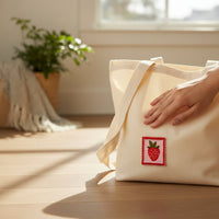 A hand rests on The Darling Effect's Strawberry Mix & Match Iron-On Patch, attached to a cream tote on a sunlit floor. A potted plant and fringed blanket add charm—perfect inspiration to personalize your items with vibrant style.