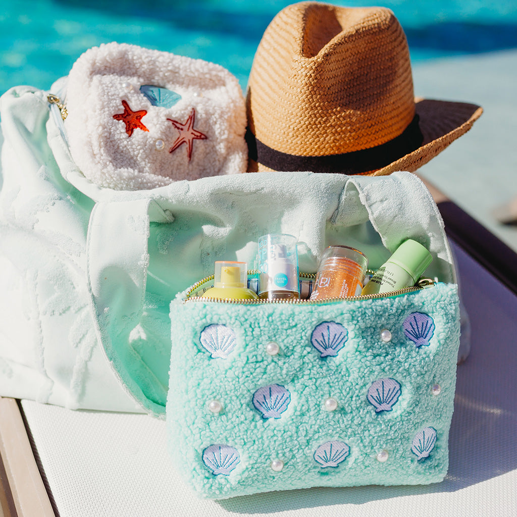 No.2208ー43 ミニチュアトートサシェ（香り袋）綿麻キナリ Cuddly Square Seashells & Pearls Teddy Pouch – The Darling Effect