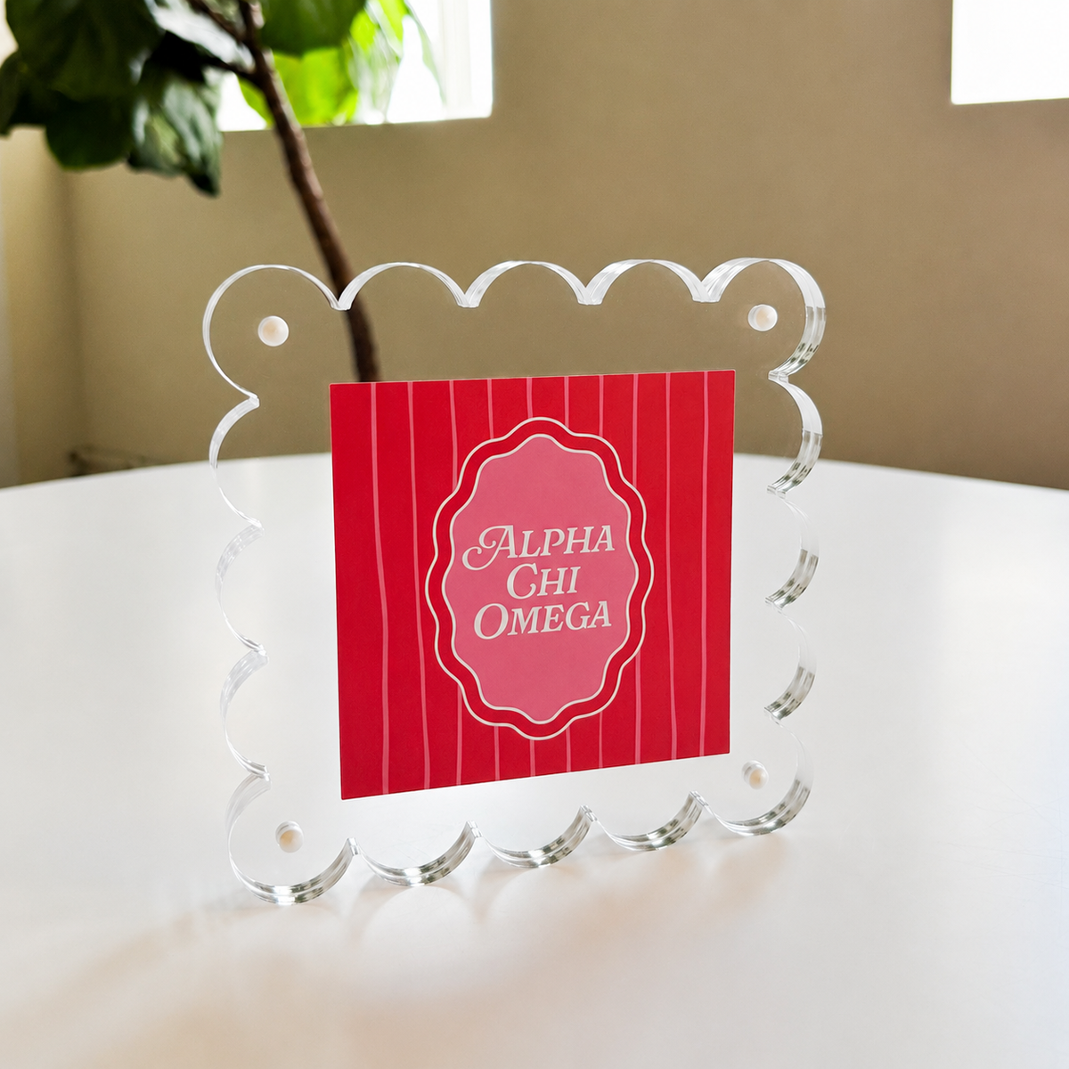 The Darling Effect's Alpha Chi Omega Square Scalloped Acrylic Frame displays a red Alpha Chi Omega card on a white table, with green leaves and windows softly blurred in the background.