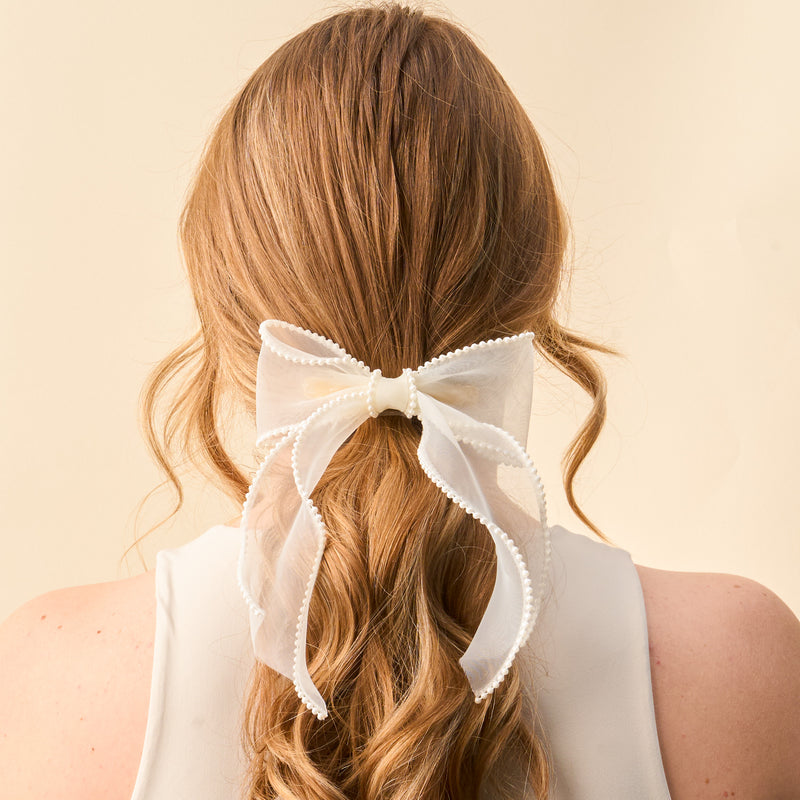 Cream Sheer Pearl Hair Bow