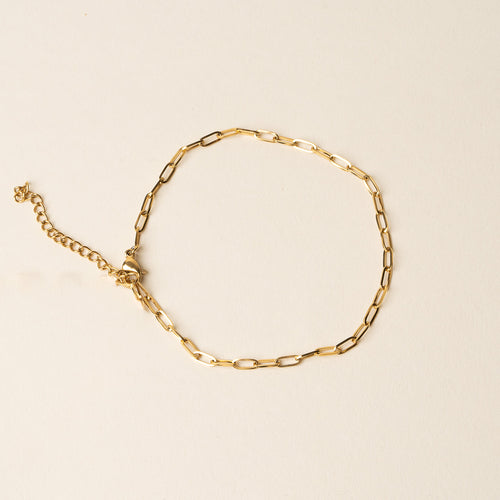 The Mia Paper Clip Chain Bracelet by the-darling-effect features elongated oval links and an adjustable clasp, offering a stylish accent to your look. Shown against a light beige background, it's a chic addition to any jewelry collection.