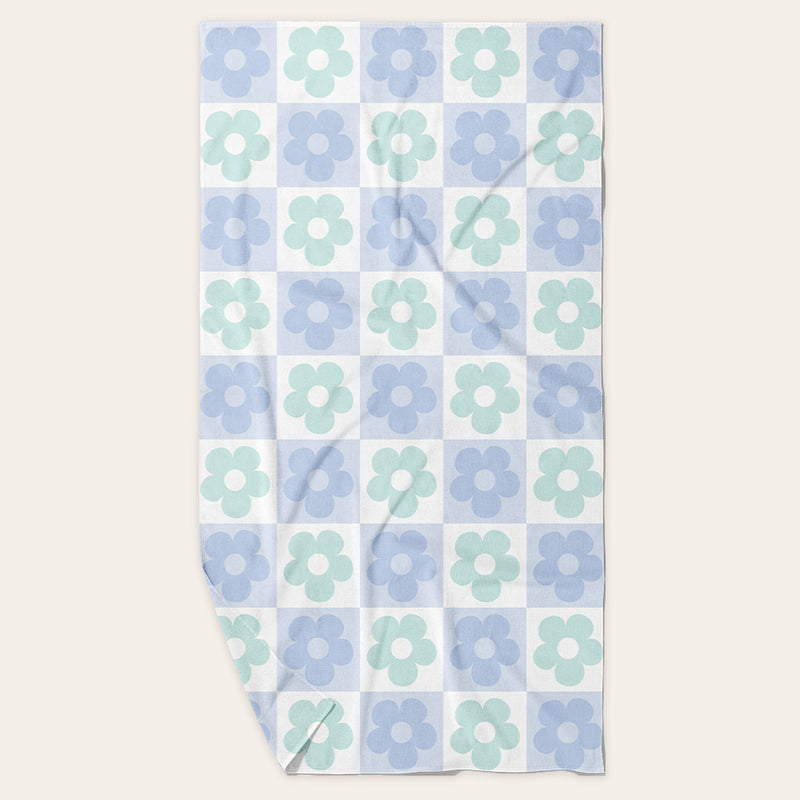 Flower Check Blue XL Quick-Dry Beach Towel