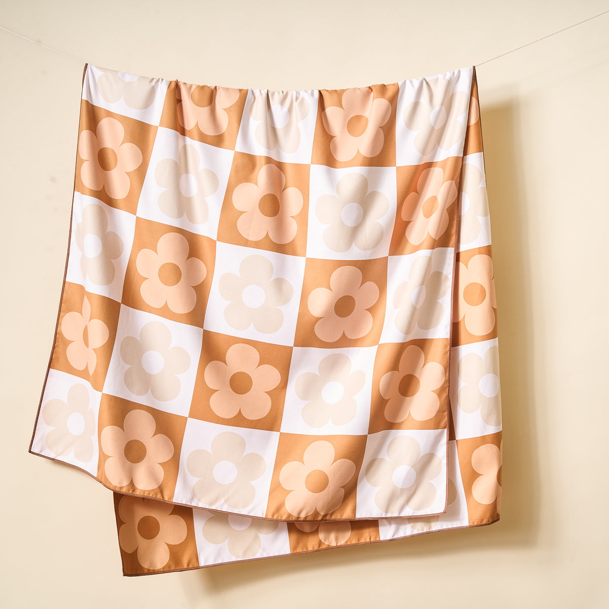 Flower Check Brown XL Quick-Dry Beach Towel