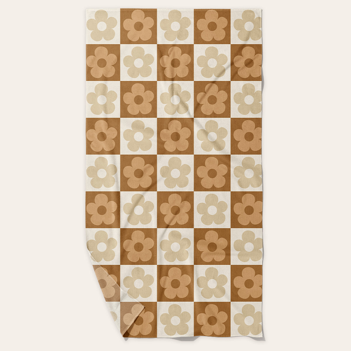 Flower Check Brown XL Quick-Dry Beach Towel