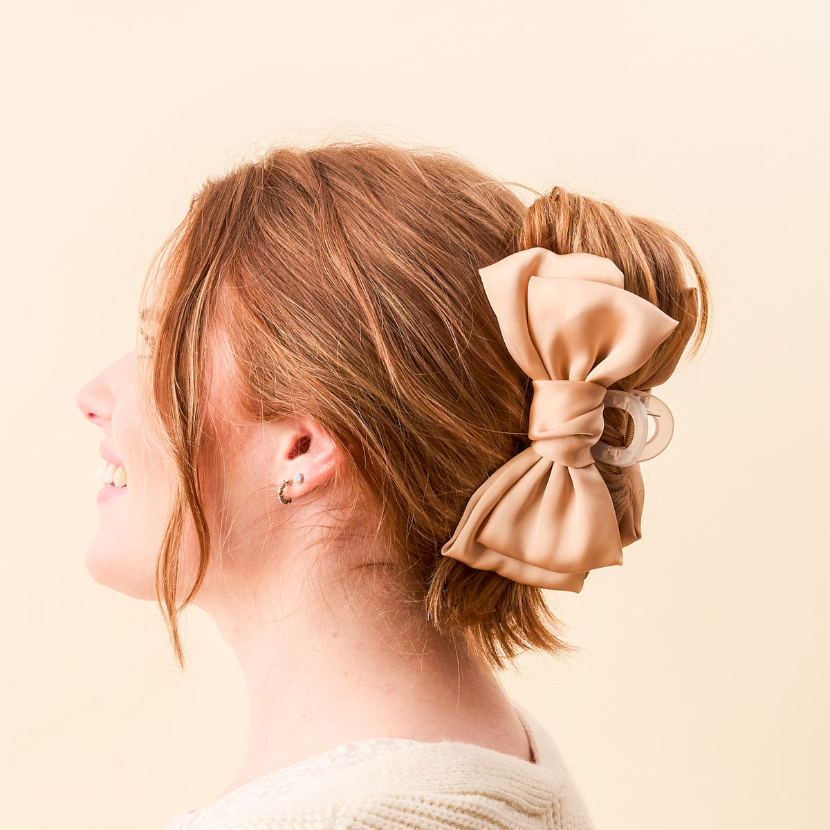 Beige Satin Bow Claw Clip