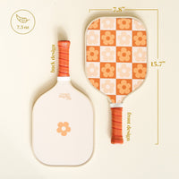 The Darling Effect’s Flower Check Brown Pickleball Paddle features an orange handle and floral design—perfect for your next game. Dimensions: 15.7 x 7.8 in, weight: 7.5 oz.