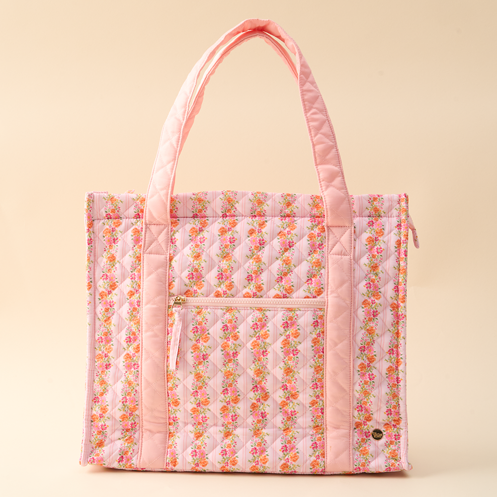 Let Go And Let God Floral Bible Cover Tote - Pink Quilted Cotton, Zippered, Adjustable Strap, Fits Bibles Up To 9x11"