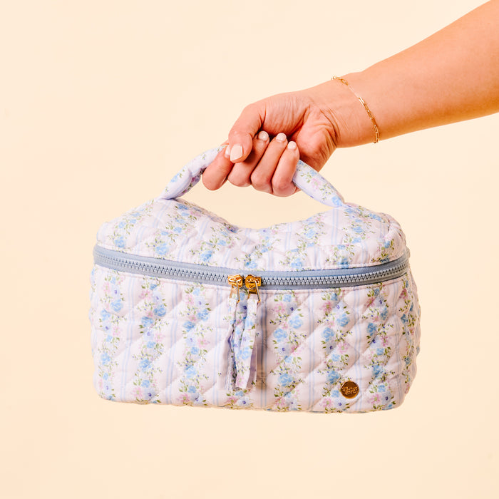 Petal Parade Blue Glam & Go Quilted Cosmetic Bag