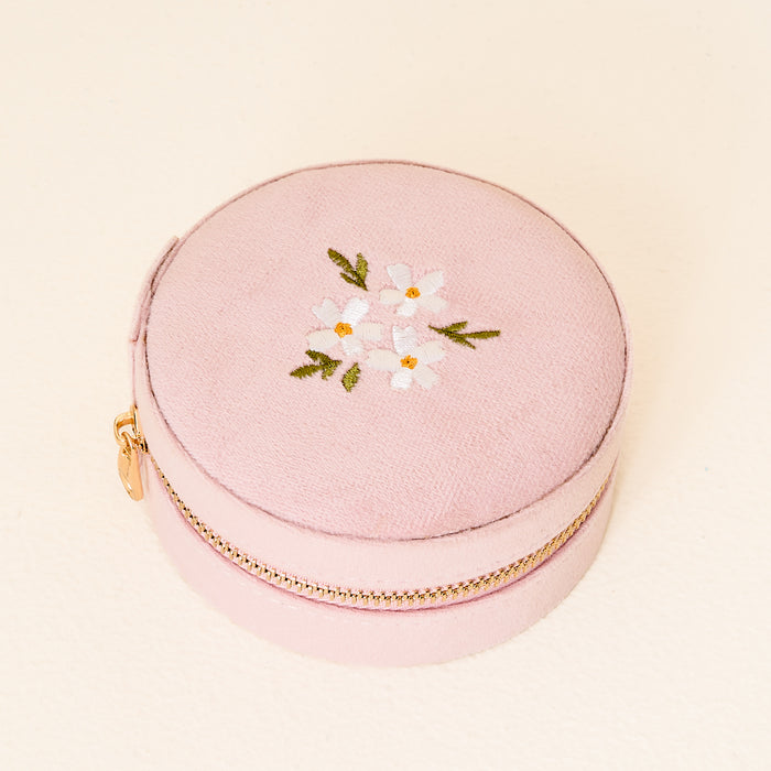 Floral Blush Round Velvet Jewelry Case