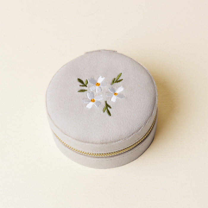 Floral Champagne Round Velvet Jewelry Case