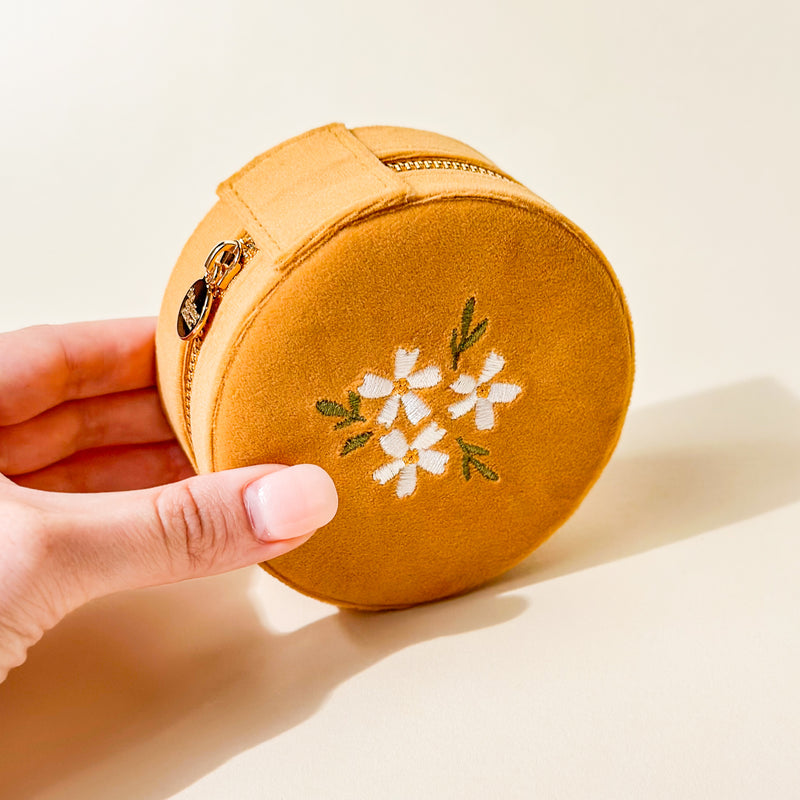Floral Golden Round Velvet Jewelry Case