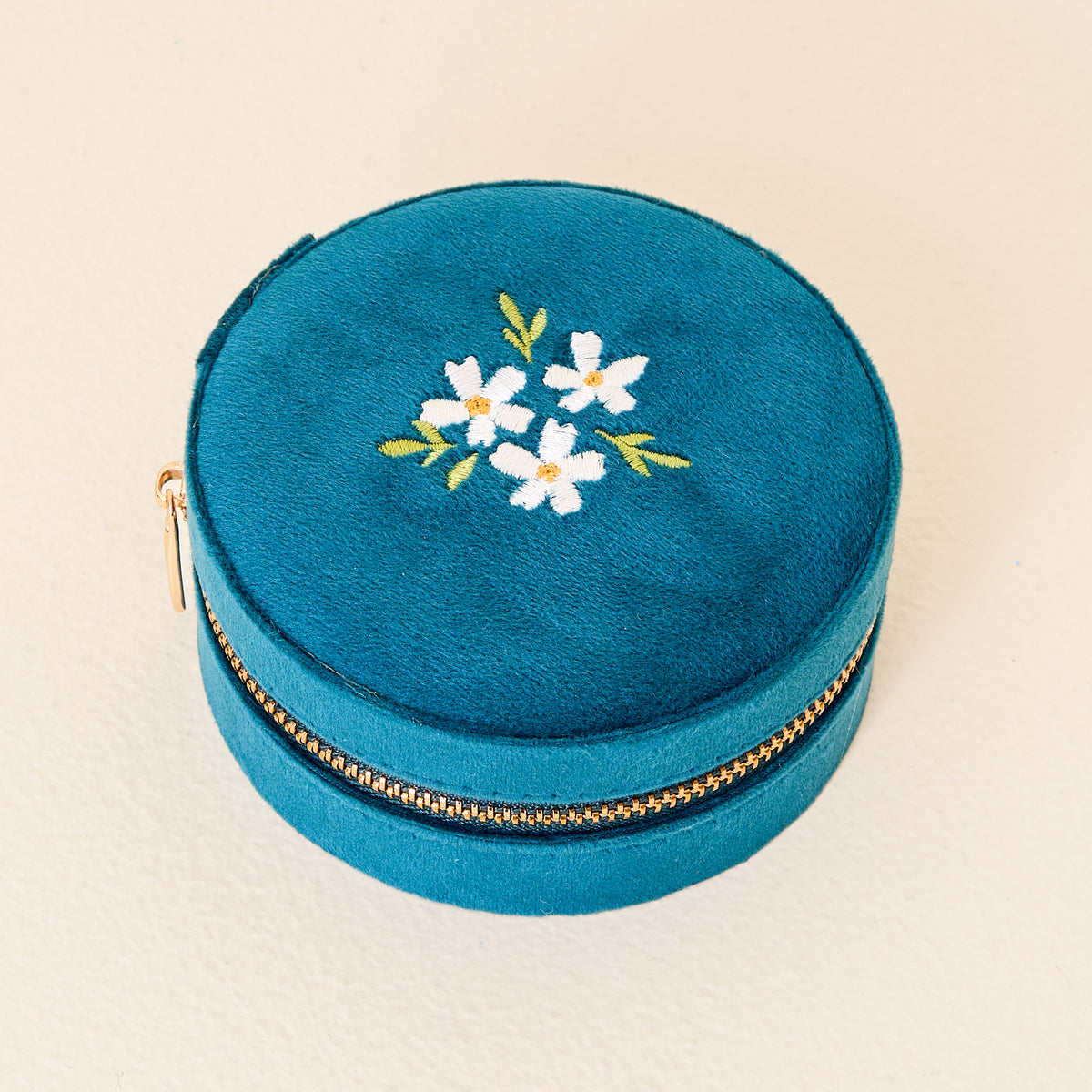 Teal Round Velvet Jewelry Case