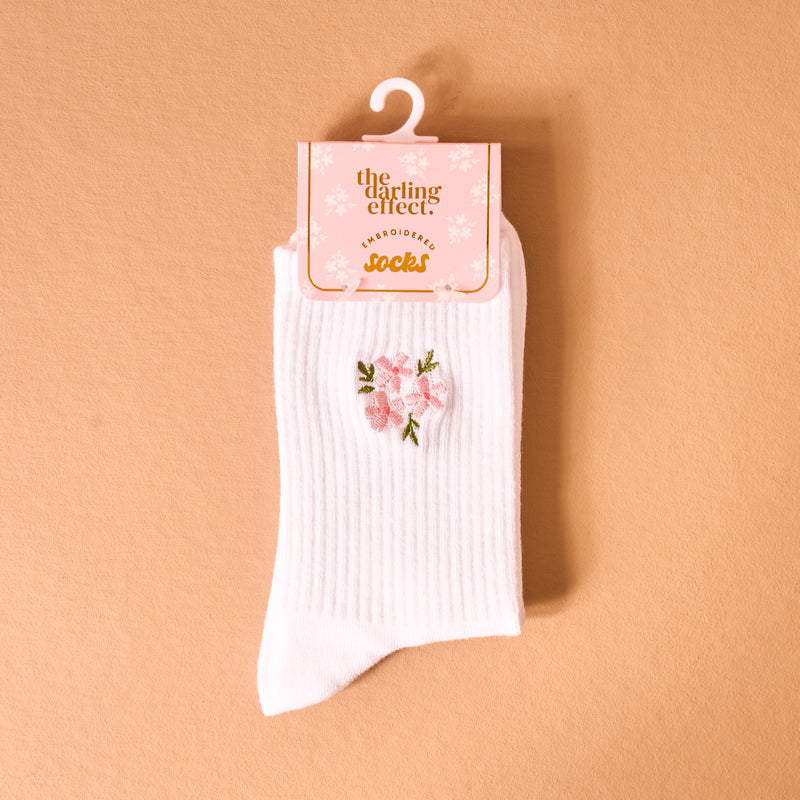 Floral Pink Embroidered Crew Socks