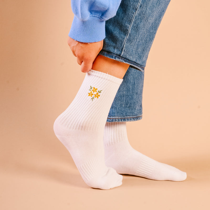 Floral Yellow Embroidered Crew Socks