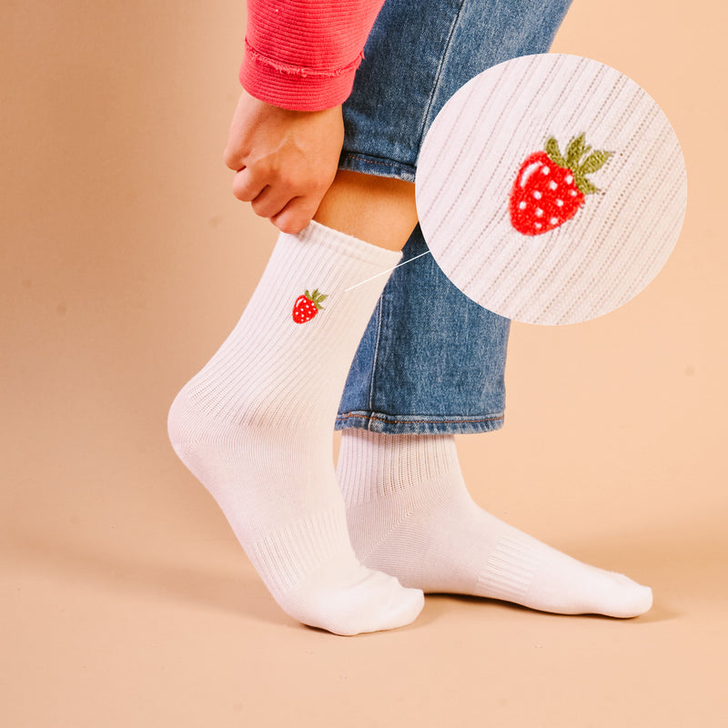 Strawberry Embroidered Crew Socks