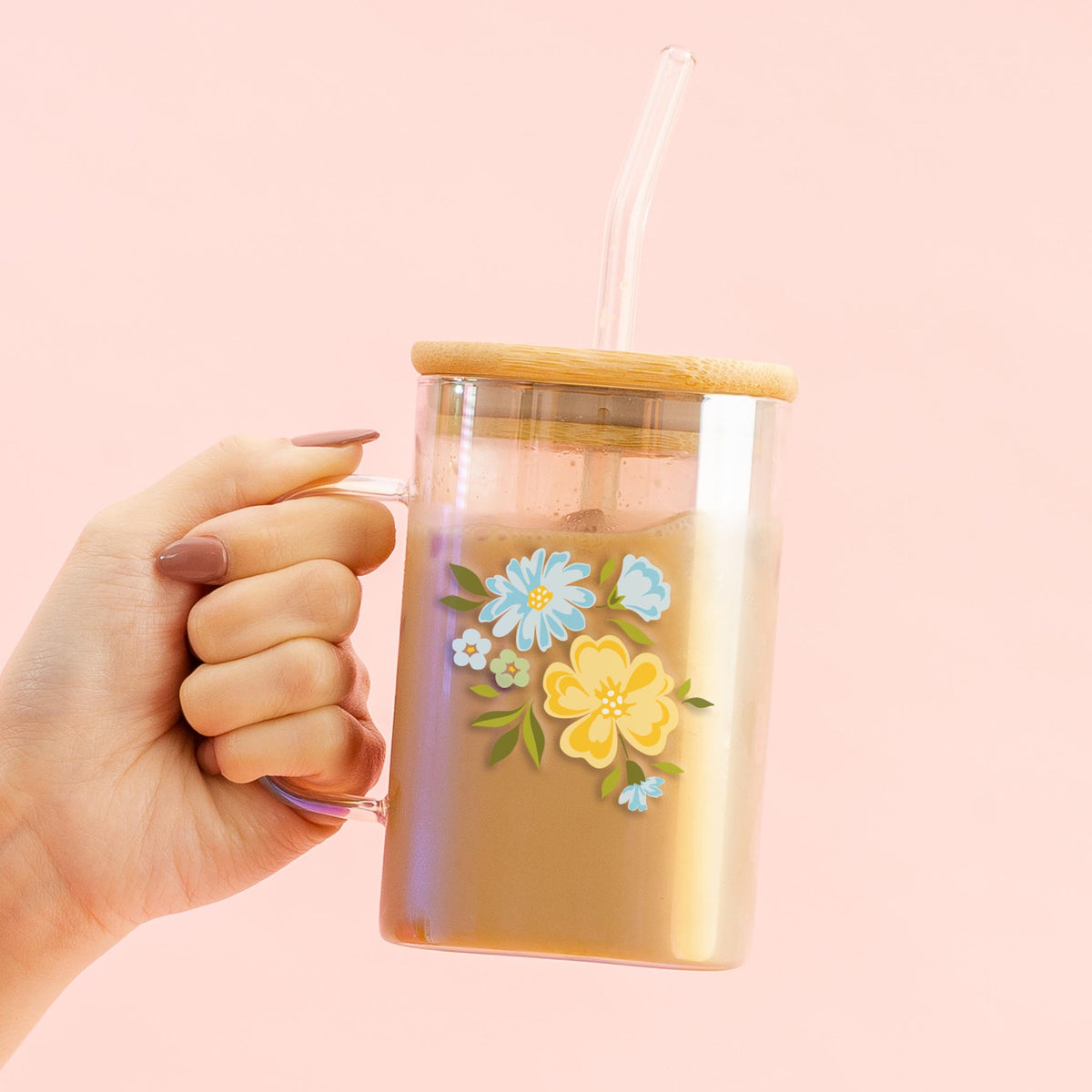 Dainty Floral Blue + Yellow Square Glass Cup