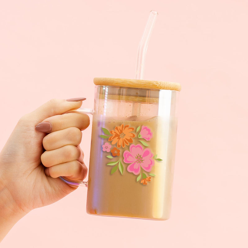 Dainty Floral Pink Square Glass Cup