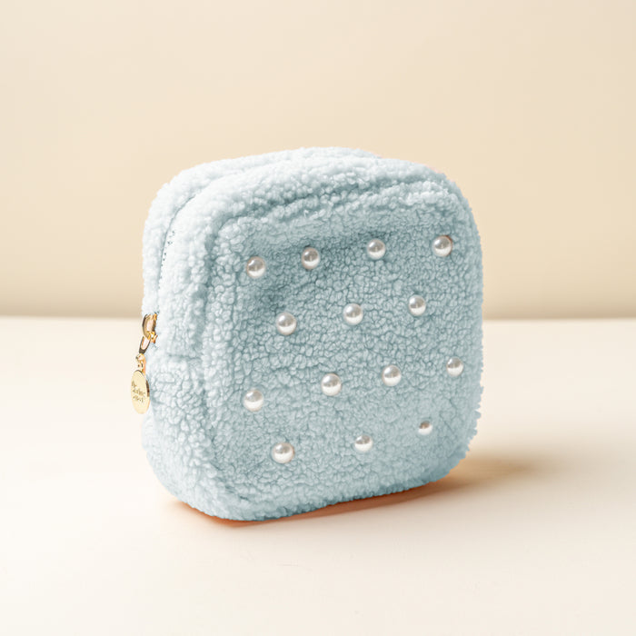 Square Pearl Blue Teddy Pouch