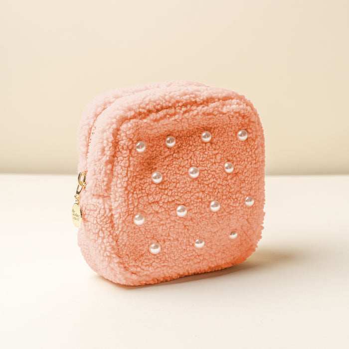 Square Pearl Peach Teddy Pouch