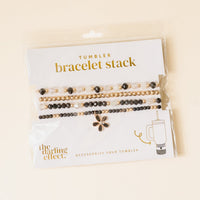 The Midnight Glam Tumbler Bracelet Stack by the-darling-effect features black, gold, and pearl beads—designed as the perfect 40 oz tumbler accessory. Includes a tumbler illustration on the bottom right.
