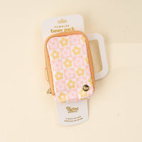 The Darling Effect's Flower Check Peach Tumbler Fanny Pack features a pink, peach, and yellow floral design, a water-resistant zippered pouch with a "Home" pin, and comes packaged as the Tumbler Fanny Pack.
