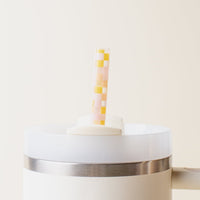The Darling Effect’s Check Peach 40 oz Tumbler Straw Set features a pastel checkered straw in a white tumbler with a silver band and handle, shown against a light background.