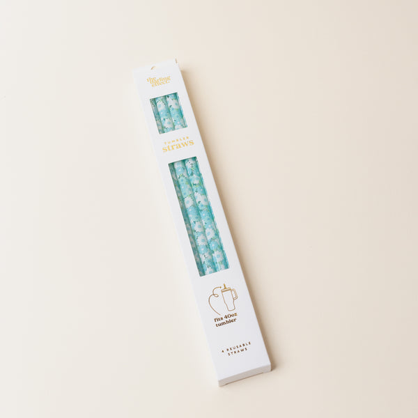 A white rectangular box of The Darling Effect Daisy Craze Aqua 40 oz Tumbler Straw Set with a blue and white pattern, gold and yellow lettering, and a small cup illustration is shown on a light beige background.