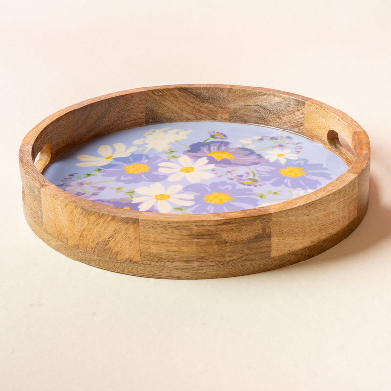 Bouquet Beauty Purple Large Round Wood Enamel Tray