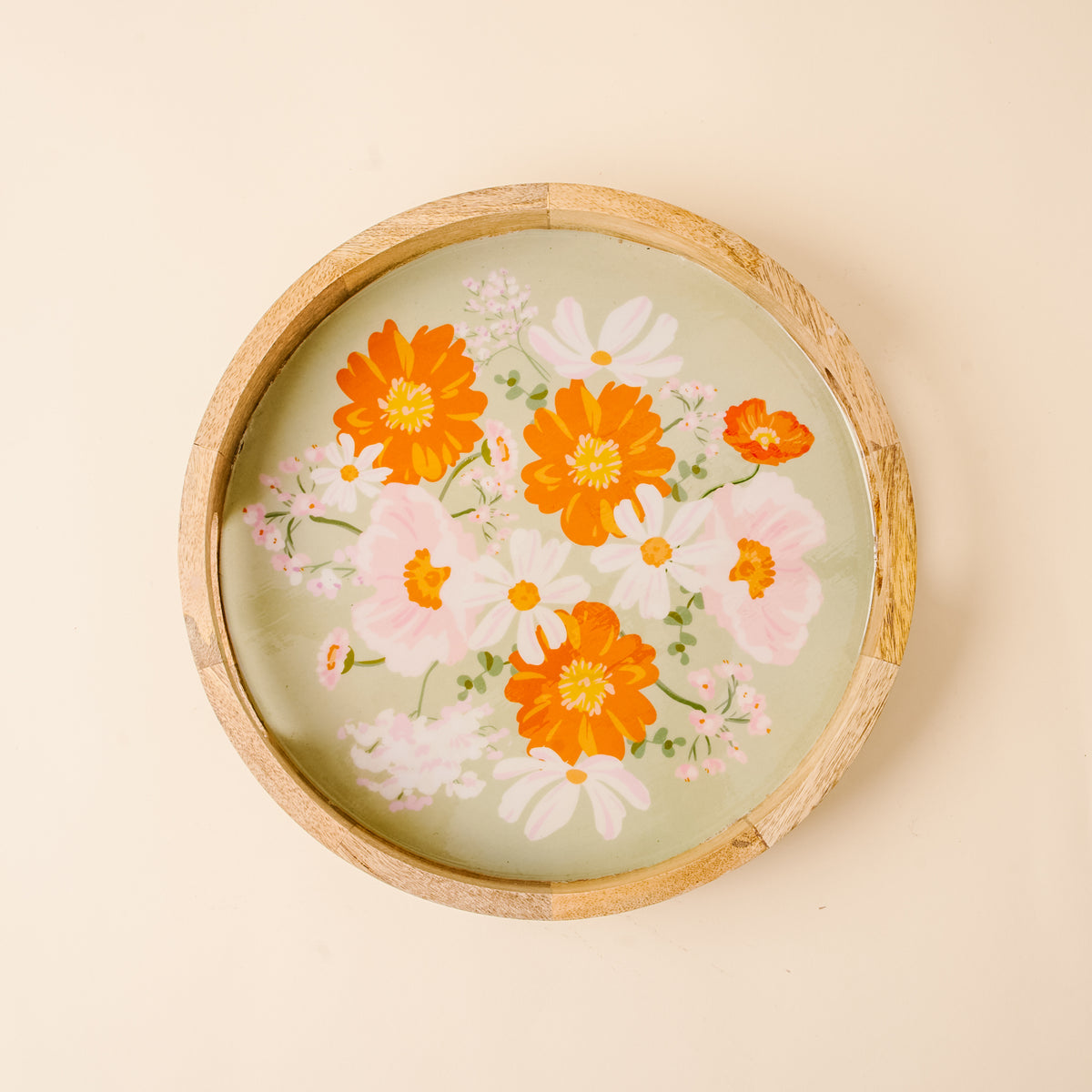 Bouquet Beauty Sage Large Round Wood Enamel Tray