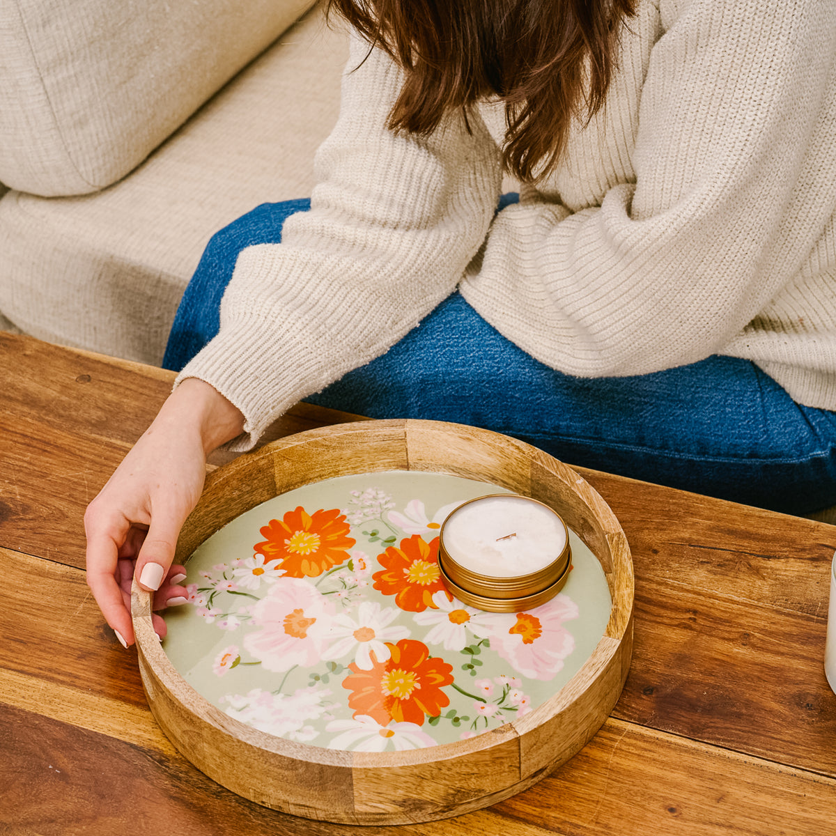 Bouquet Beauty Sage Large Round Wood Enamel Tray