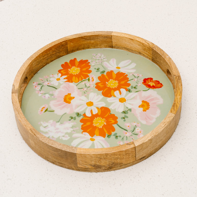 Bouquet Beauty Sage Large Round Wood Enamel Tray