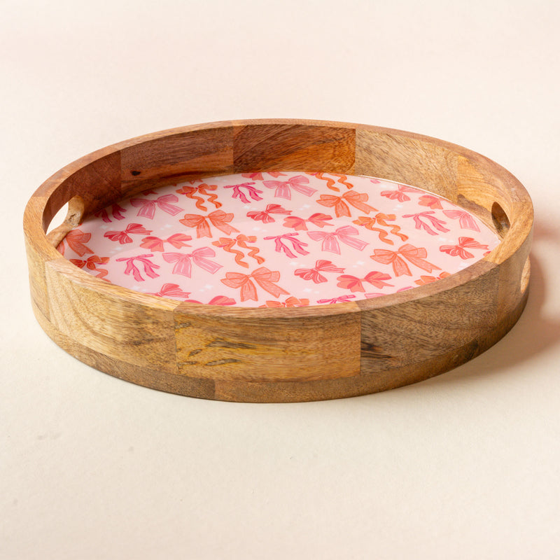 Blushing Bows Large Round Wood Enamel Tray