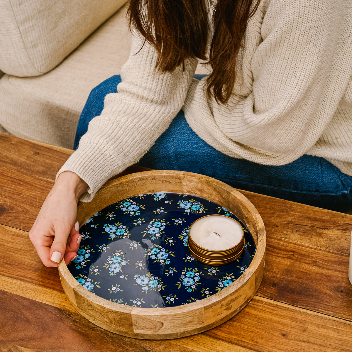 Endless Daydream Navy Large Round Wood Enamel Tray