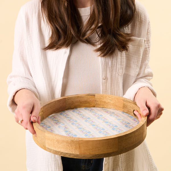 Petal Parade Blue Large Round Wood Enamel Tray