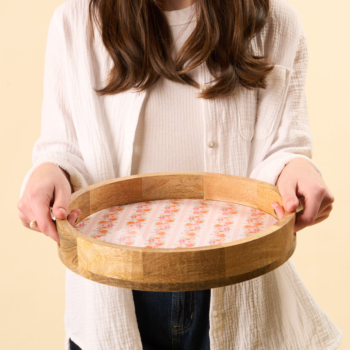 Petal Parade Pink Large Round Wood Enamel Tray