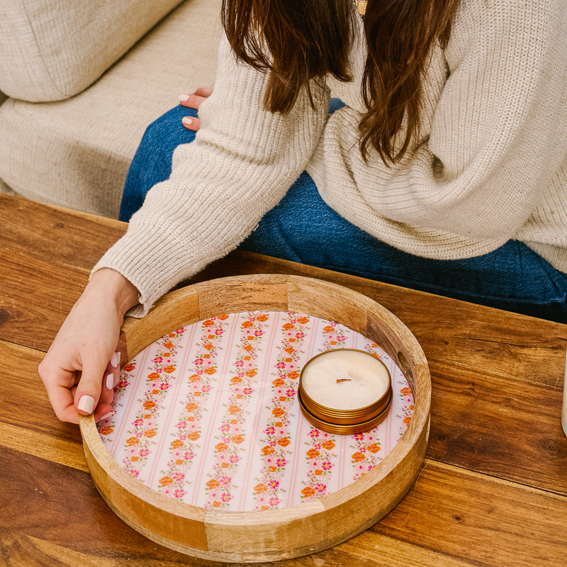 Petal Parade Pink Large Round Wood Enamel Tray