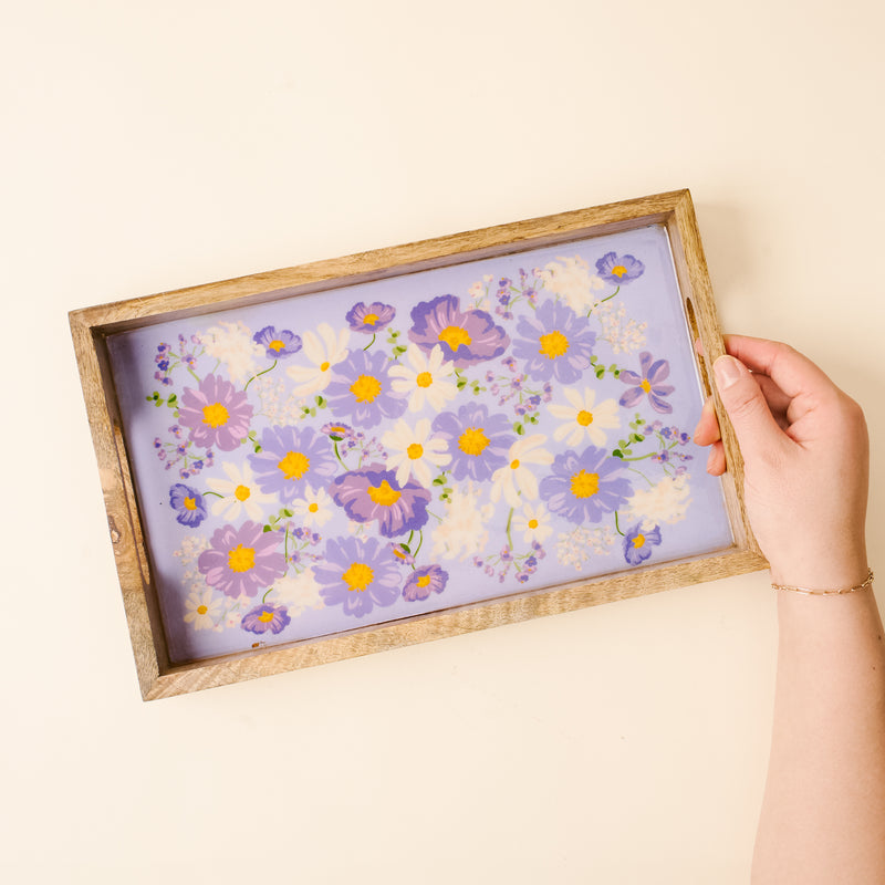 Bouquet Beauty Purple Rectangle Wood Enamel Tray