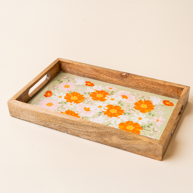 Bouquet Beauty Sage Rectangle Wood Enamel Tray